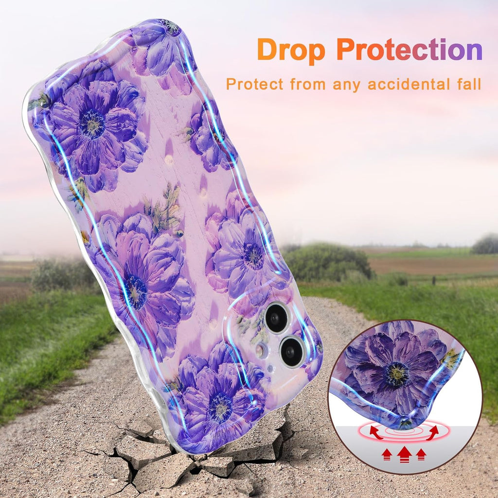 Case for iPhone 15 Pro Max, Colorful Retro Oil Painting Printed Flower Laser Glossy Pattern Cute Curly Wave Edge Exquisite Phone Cover Stylish Durable TPU Protective Case for Girls Women-Green