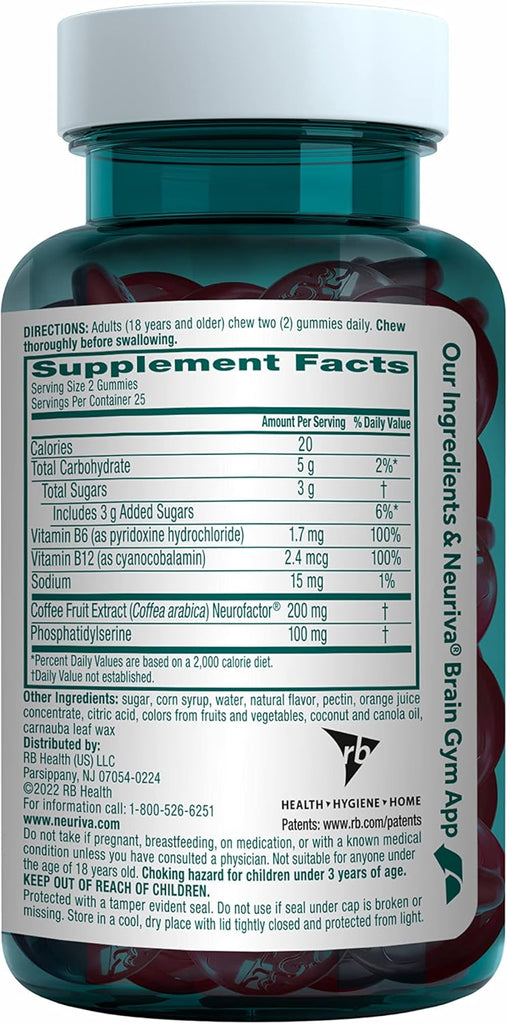 NEURIVA Plus Brain Supplement for Memory,Focus & Concentration+Cognitive Function with Vitamins B6 & B12 and Clinically Tested Nootropics Phosphatidylserine and Neurofactor,50ct Strawberry Gummies