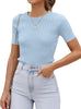 Women'S Short Sleeve Crewneck T Shirt 2024 Summer Ribbed Knit Slim Fit Basic Solid Color Tee Tops