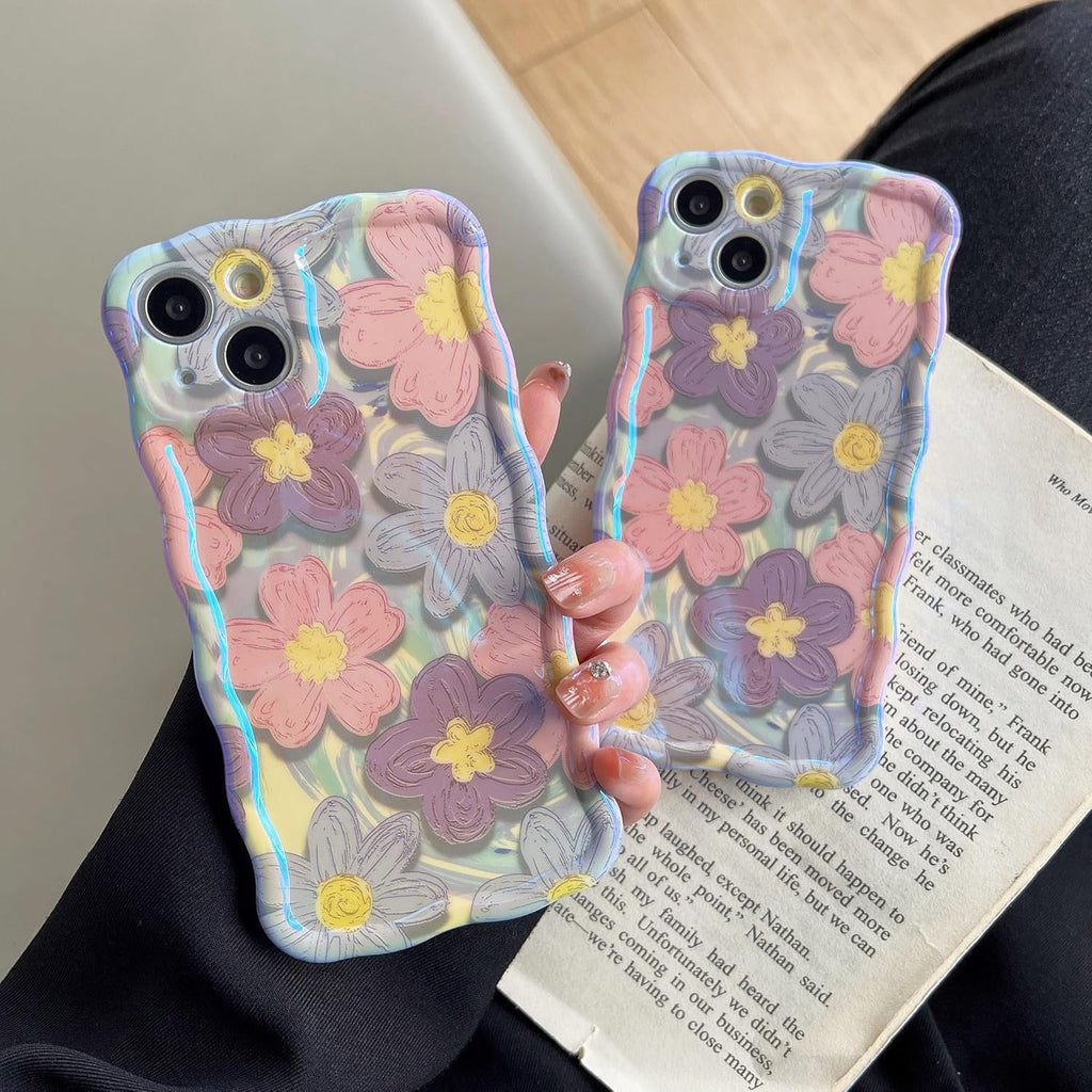 Case for iPhone 15 Pro Max, Colorful Retro Oil Painting Printed Flower Laser Glossy Pattern Cute Curly Wave Edge Exquisite Phone Cover Stylish Durable TPU Protective Case for Girls Women-Green