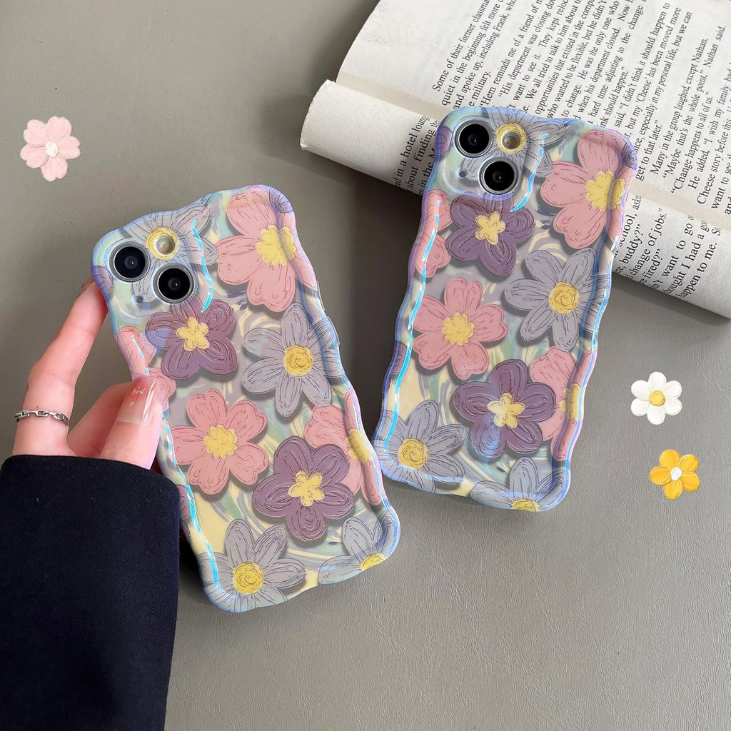 Case for iPhone 15 Pro Max, Colorful Retro Oil Painting Printed Flower Laser Glossy Pattern Cute Curly Wave Edge Exquisite Phone Cover Stylish Durable TPU Protective Case for Girls Women-Green