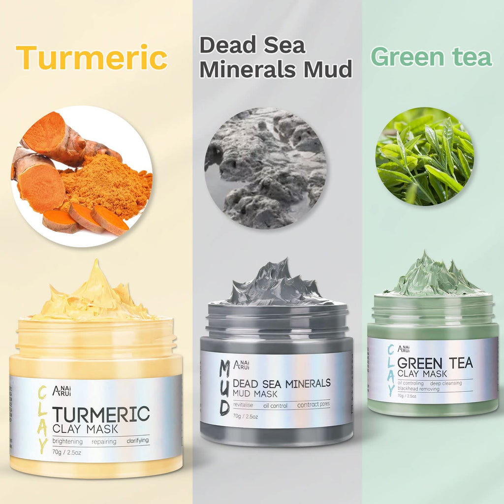 Turmeric Clay Mask - Green Tea Clay Mask - Dead Sea Minerals Mud Mask, Spa Facial Mask Set, Face Mask Gift Set 2.5 Oz Each