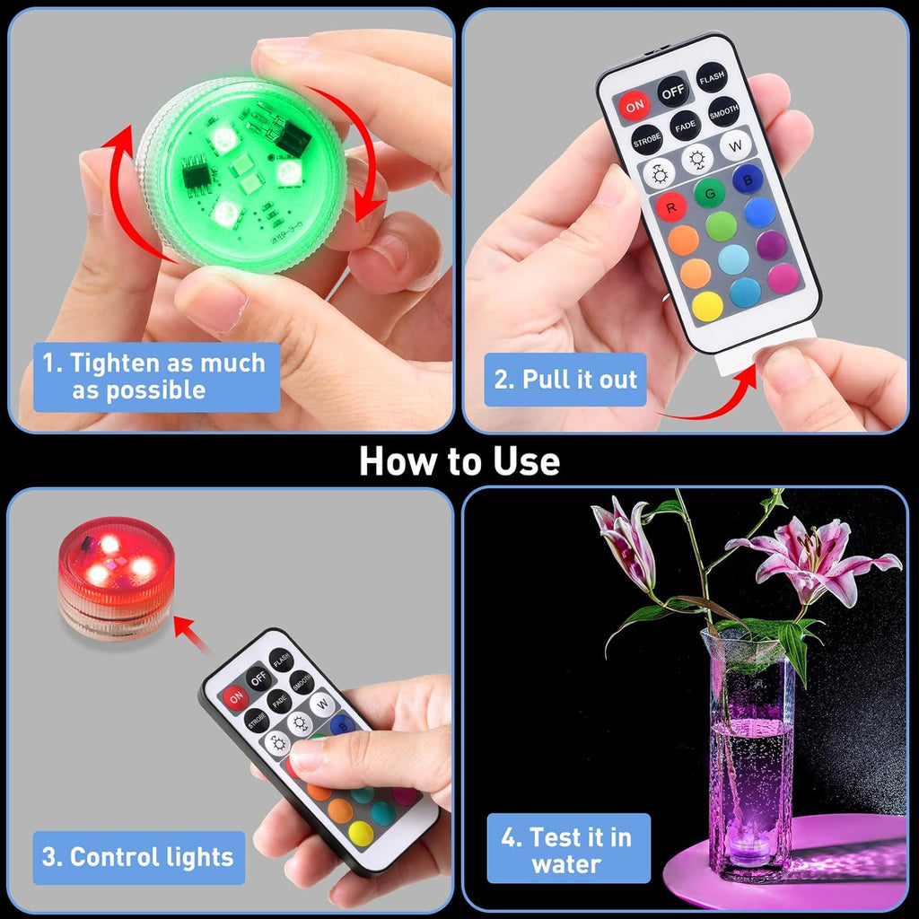 Mini Submersible LED Lights with Remote Control - Small Tea Lights Underwater Lights Battery Powered Flameless LED Accent Light for Party Event Vase Fishtank Hot Tub