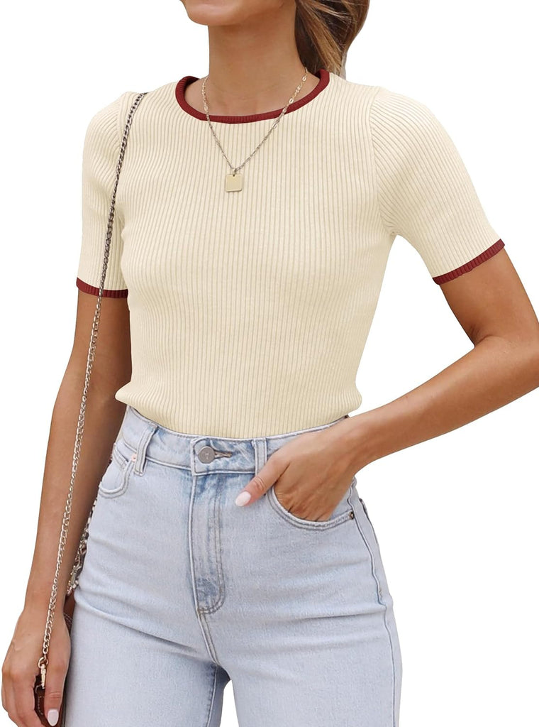 Women'S Short Sleeve Crewneck T Shirt 2024 Summer Ribbed Knit Slim Fit Basic Solid Color Tee Tops