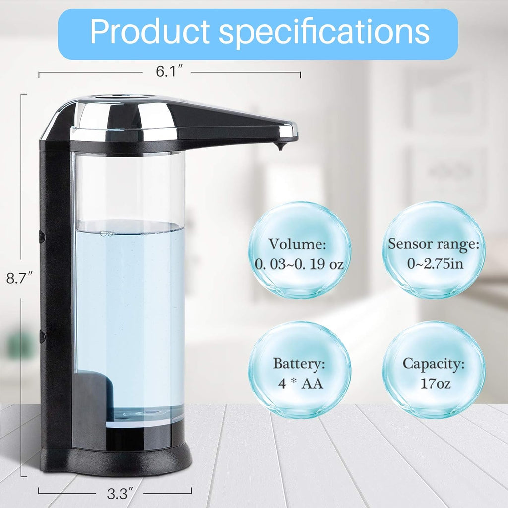 17Oz Automatic Liquid Soap Dispenser, Touchless Battery Operated Hand Soap Dispenser with Adjustable Soap Dispensing Volume Control Dial, Perfect for Household Use (Chrome)