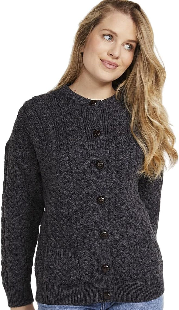 Achill Island Aran Cardigan for Women, 100% Merino Wool, Authentic Irish Knit Cardigan, Made in Ireland