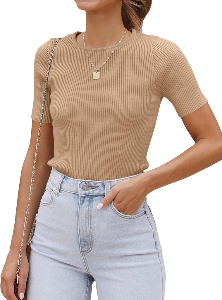 Women'S Short Sleeve Crewneck T Shirt 2024 Summer Ribbed Knit Slim Fit Basic Solid Color Tee Tops