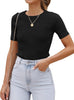 Women'S Short Sleeve Crewneck T Shirt 2024 Summer Ribbed Knit Slim Fit Basic Solid Color Tee Tops