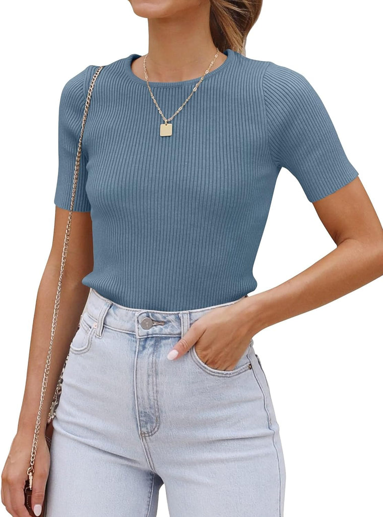 Women'S Short Sleeve Crewneck T Shirt 2024 Summer Ribbed Knit Slim Fit Basic Solid Color Tee Tops