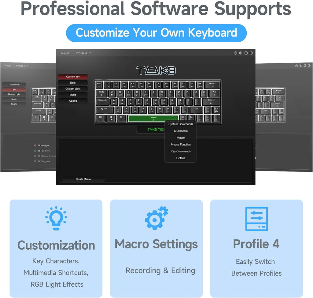 T63 60% Wireless Mechanical Gaming Keyboard | Bluetooth/2.4G/Wired Keyboard | RGB Backlit Compact 63 Keys Mini Office Keyboard | with Blue Switch | for Windows Laptop PC Gamer Typist-Black