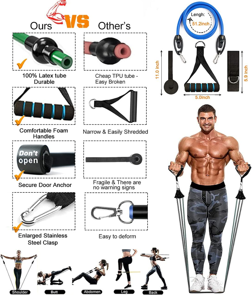 Resistance Bands Set Workout Bands，8-In-1 Ab Wheel Roller Kit with Knee Pad,Push up Bars,Hand Grip Strengthener,Jump Rope,Home Gym Workout Exercise Equipment for Men Women